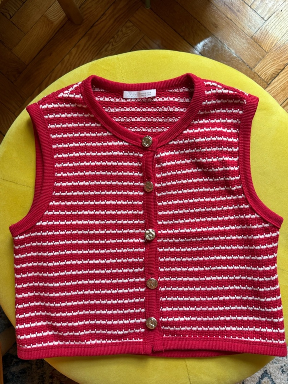 Zara Red and White Striped Knit Button Vest S size